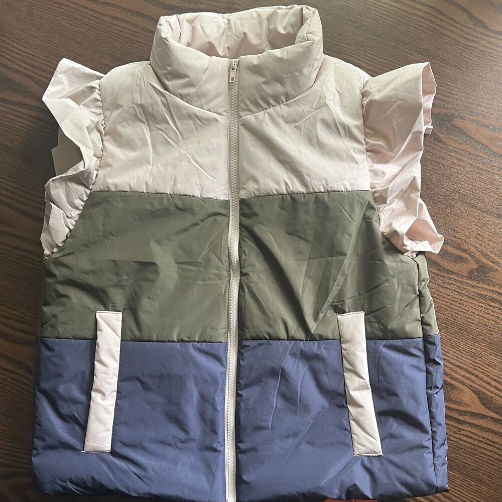 Tankaneo Color Block Ruffle Puffer Vest Size M Green Blue Cream Sleeveless Coat